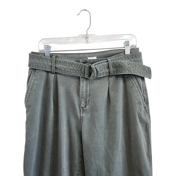 A New Day Straight Leg Belted Trouser Pant Pockets High Rise Green Denim Size 6 - Picture 2 of 11